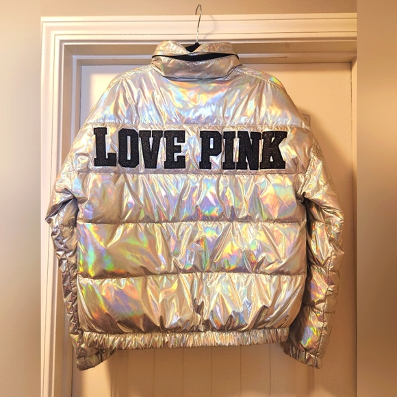 NWT Victoria's Secret Pink Silver Iridescent Puffer Jacket. - Picture 4 of 7